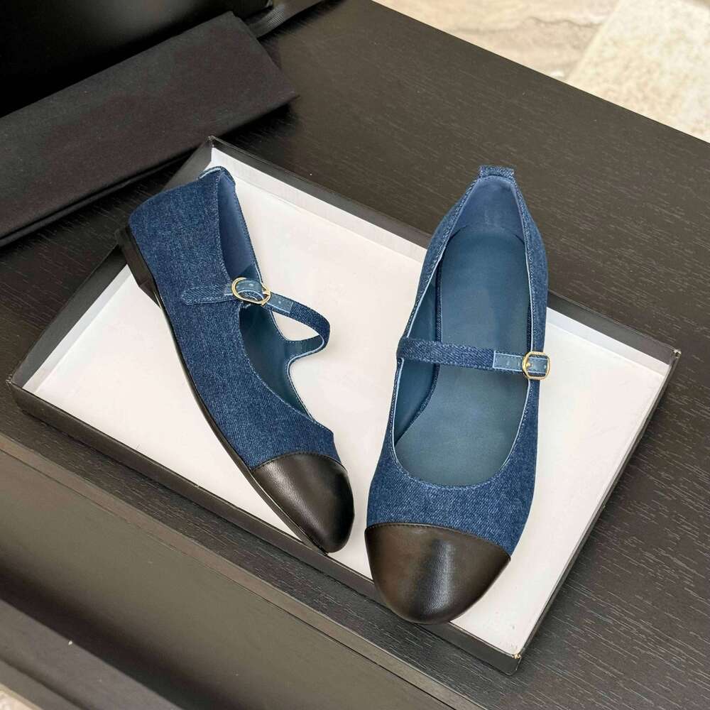 New Women Genuine Leather Ballet Flats Mary Janes Denim Round Toe Buckle Strap Roman Designer Shoes Zapatillas De Mujer 3ae
