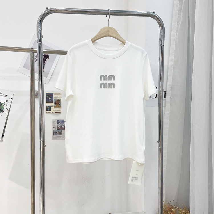 Summer fashion hot diamond letter cotton loose white casual short sleeve T-shirt top women