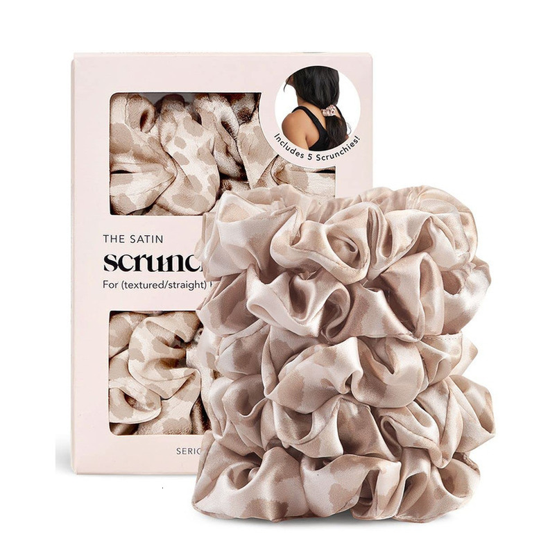 Kitsch Leopard Prints Satin Women No Crease Ties Girls, Scrunchies For All Hair Types and Textures, Perfect for Day or Night - 5 Pcs