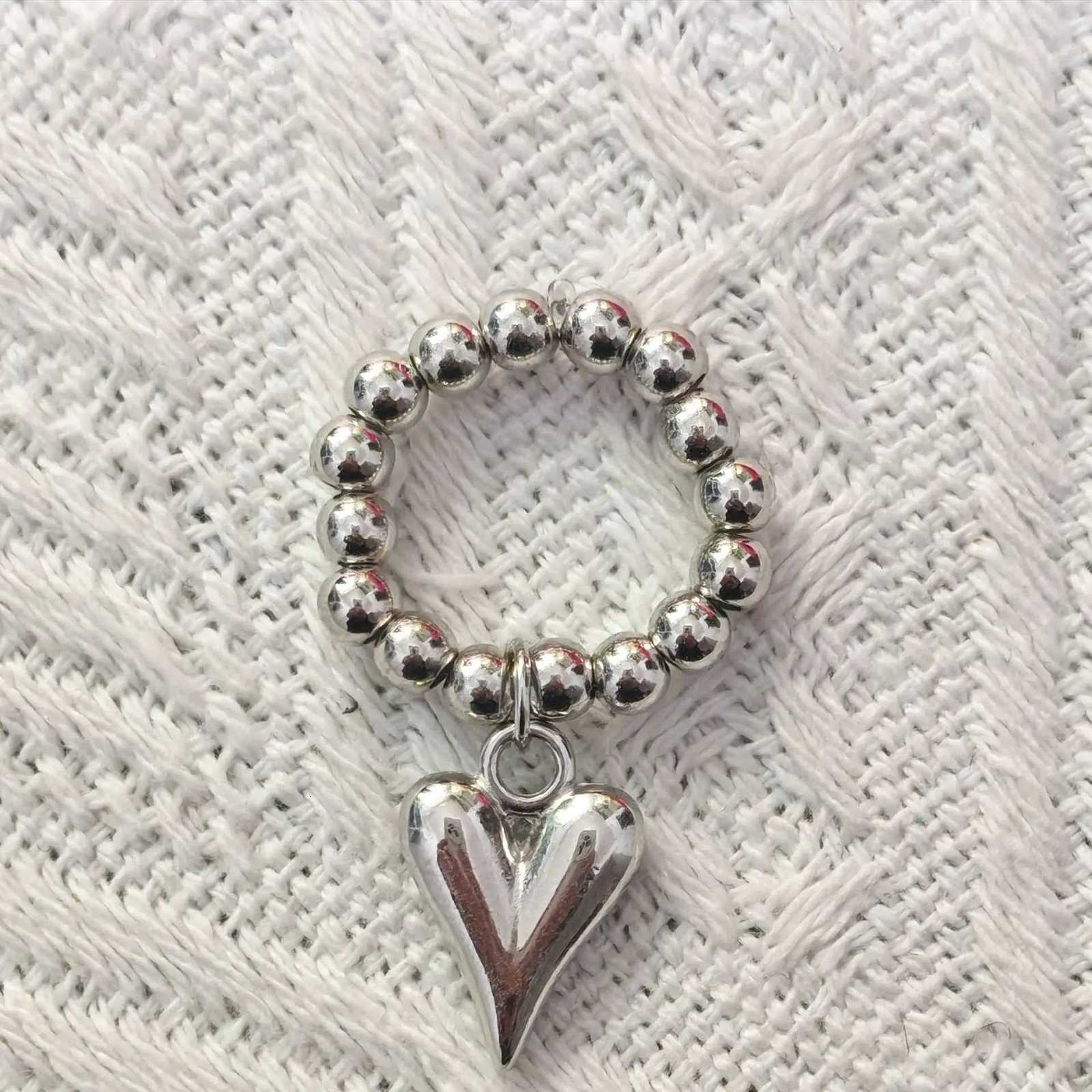 LATS Creative Handmade Beaded Bungee Cord Love Heart Pendant Rings for Women Girl Silver Color CCB Bead Adjustable Ring Jewelry y250730