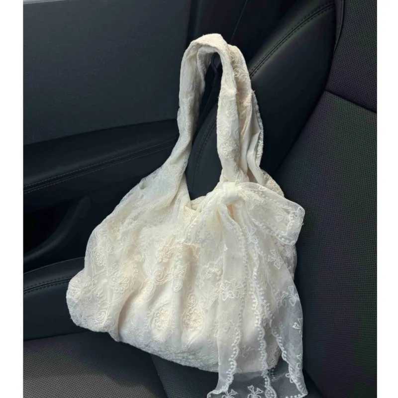 JIAERDI Fairycore Aesthetic White Handbag Women 2025 Summer Sweet Lace Bow Shoulder Bags Ladies Large Capacity Underarm Bag Y2k Y250730