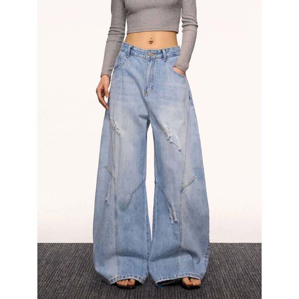 Design Sense Curved Knife Jeans For Women's Spring And Summer Korean Version Loose Straight Slimming Wide Leg Pants 250728
