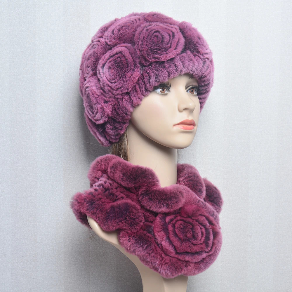 Women Winter Fur Hat Scarf Sets Natural Warm Rex Rabbit Fur Cap Scarves Lady Knitted Warm 100% Genuine Fur Hats Muffler 250724