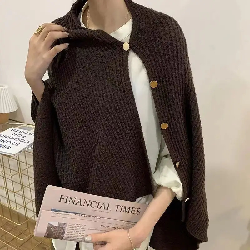 Warm Knitted Plain Color Scarf Thick Single Breasted Wool Shawl Wrap Women Cape Open Side Woven Cardigan Poncho Stole 250729