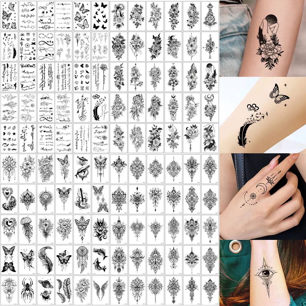 30Pcs Black Flower Tattoo Stickers Butterfly Rose Moon Star Small Temporary Tattoos Mandala for Hand Body Chest 250731