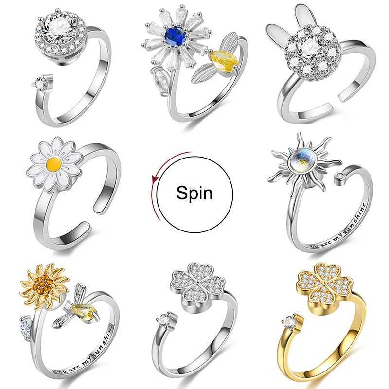 Titanium Stainless Steel Ring for Women Rotating Anxiety Fidget Adjustable Rings Silver Color Jewelry Lovely Flower Bee y250730