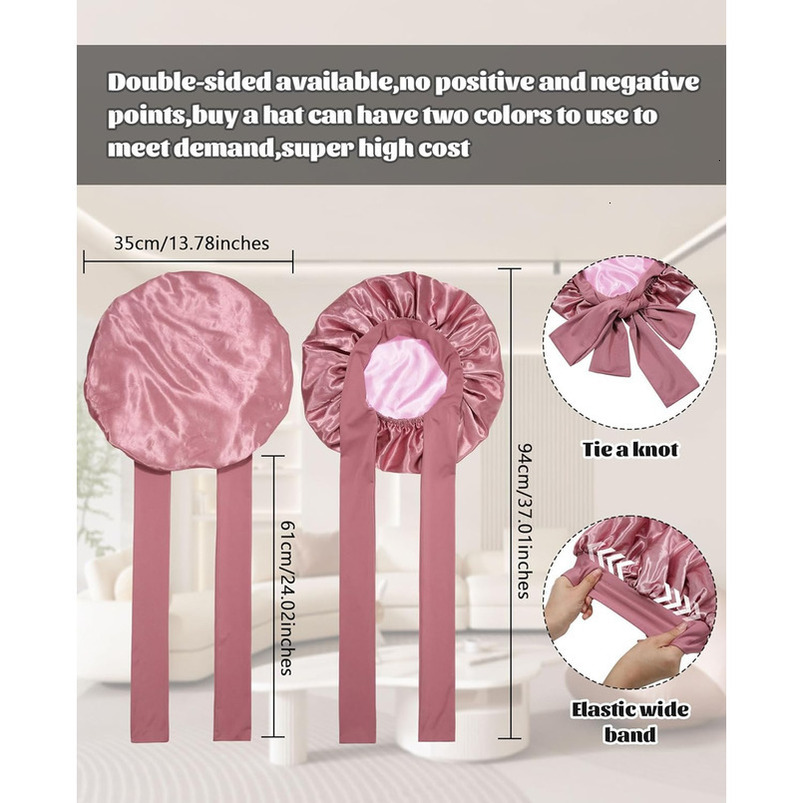 Satin Sleeping Silk Sleep Double Layer Bonnet with Elastic Tie Band for Curly Hair Night Cap (Bean Paste + Pink)