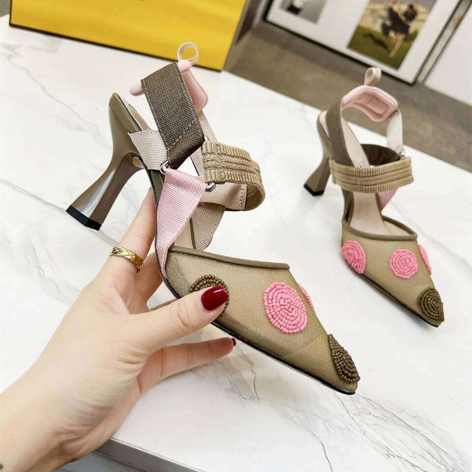 Women Size35-42 Genuine Leather Pumps Super High Heels Mesh String Beads Sandals Pointed Toes Shoes Zapatillas De Mujer f39
