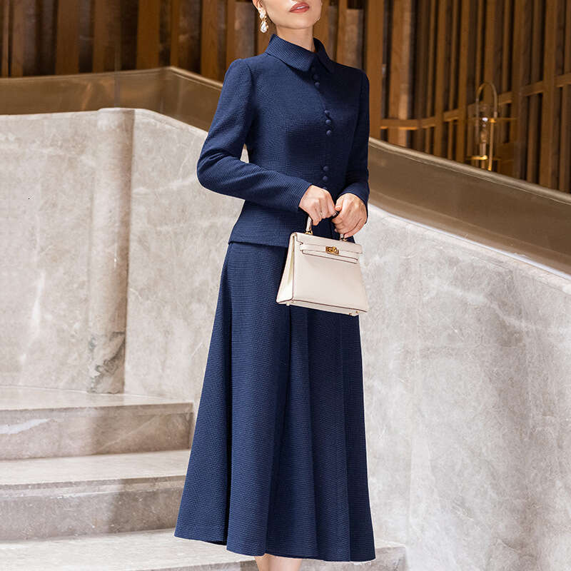 Blue Tweed Chanel Style Suit Dress Spring Autumn 2024 New Fashion Elegant Slim Fit Long Sleeve Two-Piece Set
