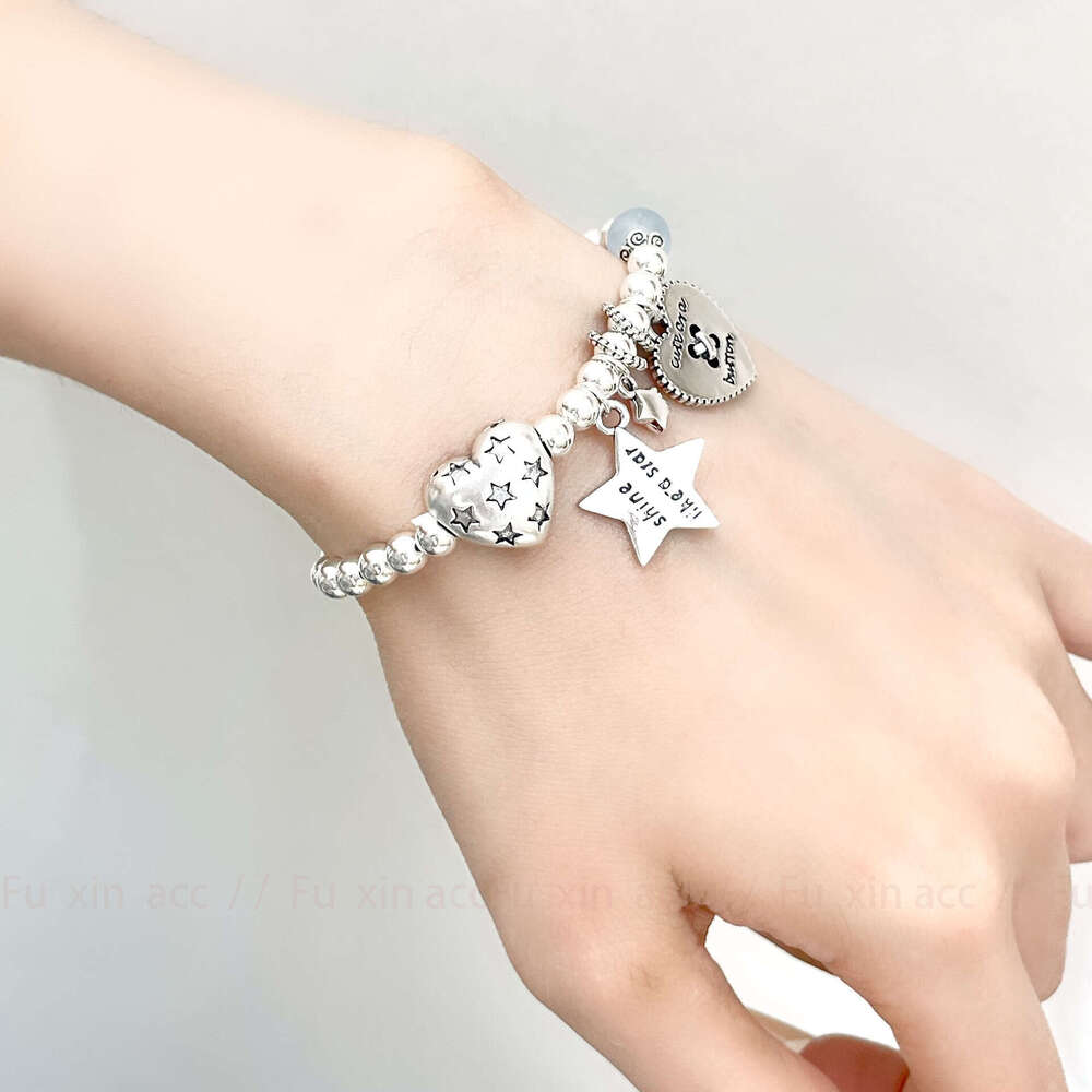 Korean Style Sier Heart Star Beaded Bracelet for Women, Light Niche Exquisite Design, High-end Fashion Versatile Jewelry ca1