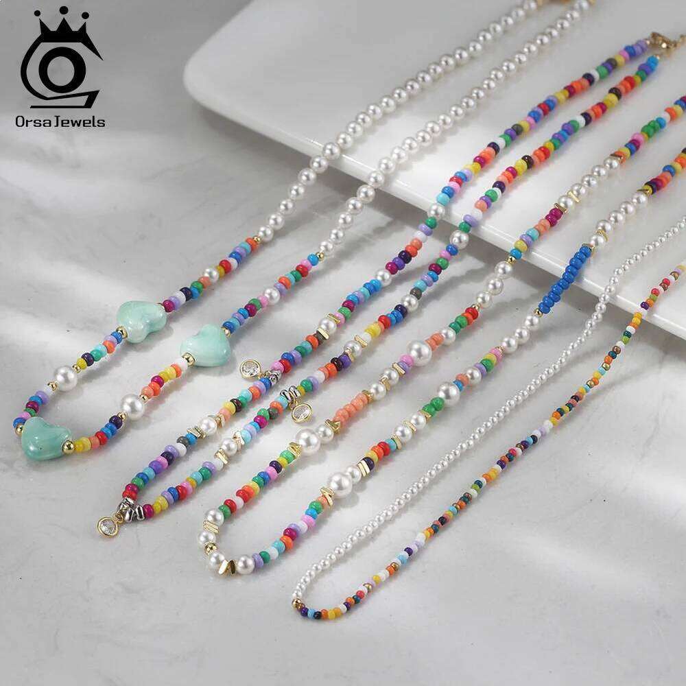 Trendy ORSA JEWELS Sier Shell Pearl Choker with Colorful Beads 3mm Adjustable Necklace for Women Jewelry Party Gift PSN06