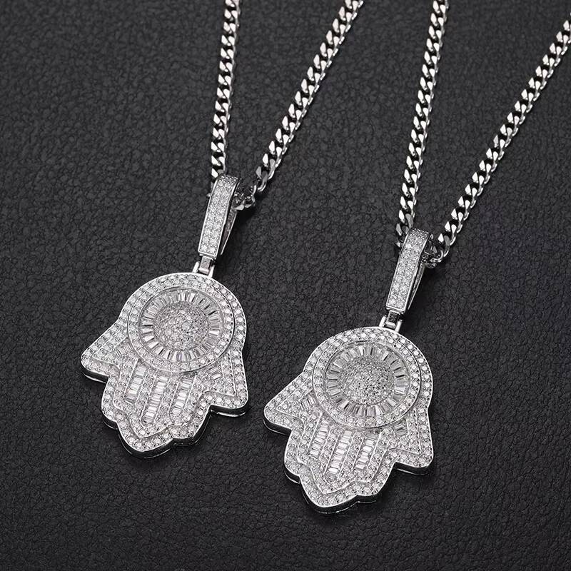 Bling Luxury 925 Sterling Silver Baguette VVS Moissanite Diamond Iced Out Hamsa Hand Pendant Necklace for Jewelry Gift
