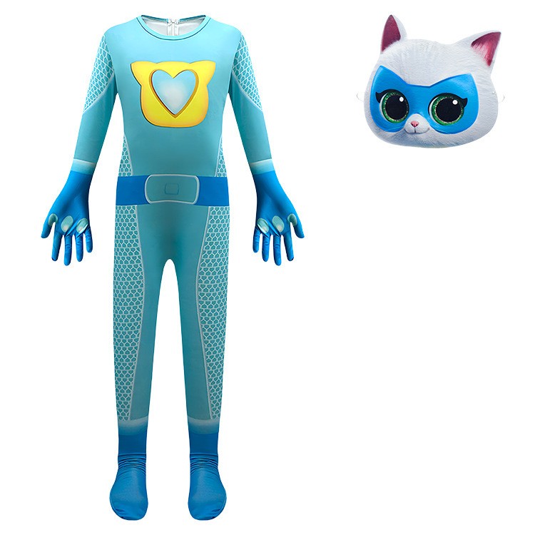 Children's cute hero style one-piece tight-fitting suit, super cat pink and blue contrasting cat ear mask cosplay costume