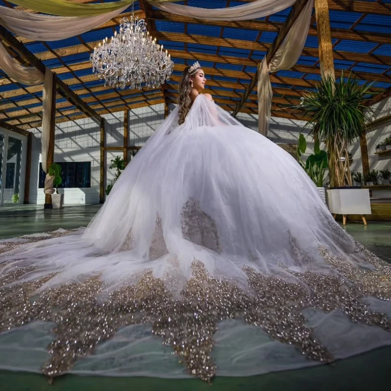 White Quinceanera Dresses Ball Gown Off The Shoulder Applique Lace Beads Tull With Cape Party Birthday Sweet 16 Vestidos 15 De Anos