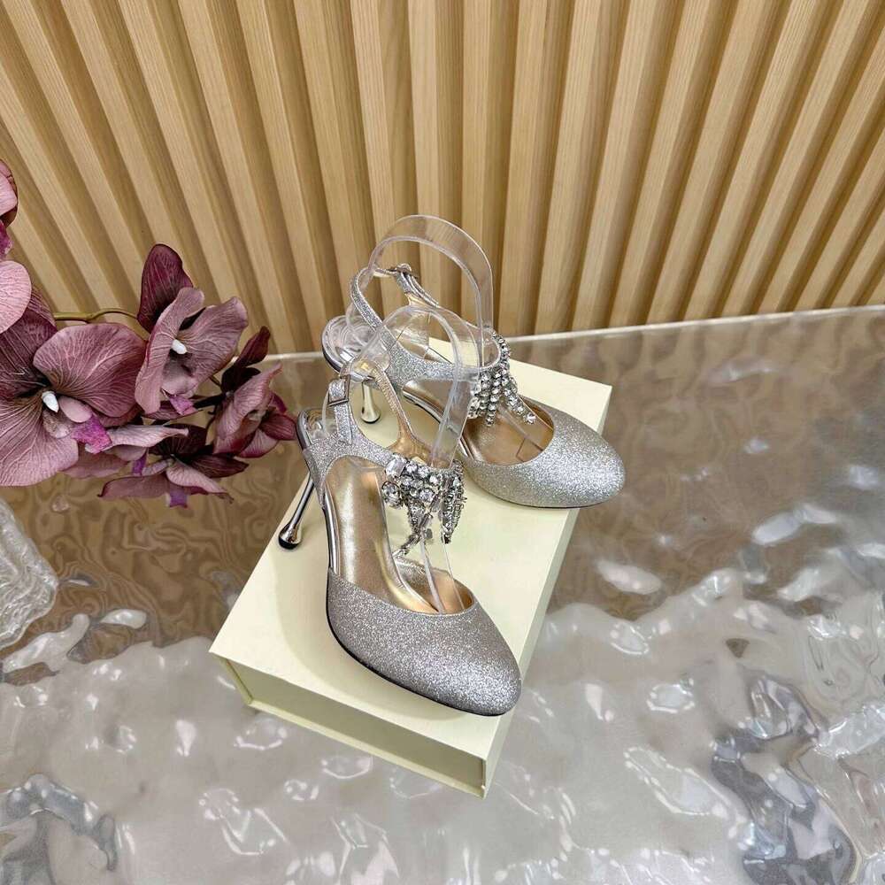 Women Size34-42 Silk Genuine Leather Pumps Slingbacks Crystals Sandals Round Toe Party Designer Shoes Zapatillas De Mujer bbc