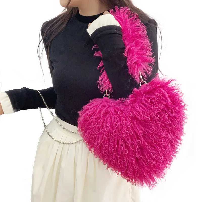 Faux Natural Fur-Ever Mongolian Furry Fur Heart Shape Oversized Tote Bags For Women Handbags With Long Shoulder Fur Straps G250729