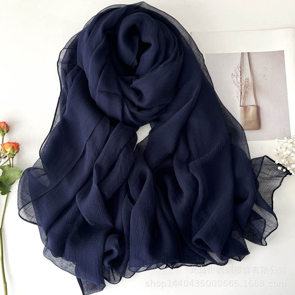 K1538 Summer new pleated scarf women's super large sunscreen beach towel solid color soft retro slightly transparent skin-friendly shawl versatil