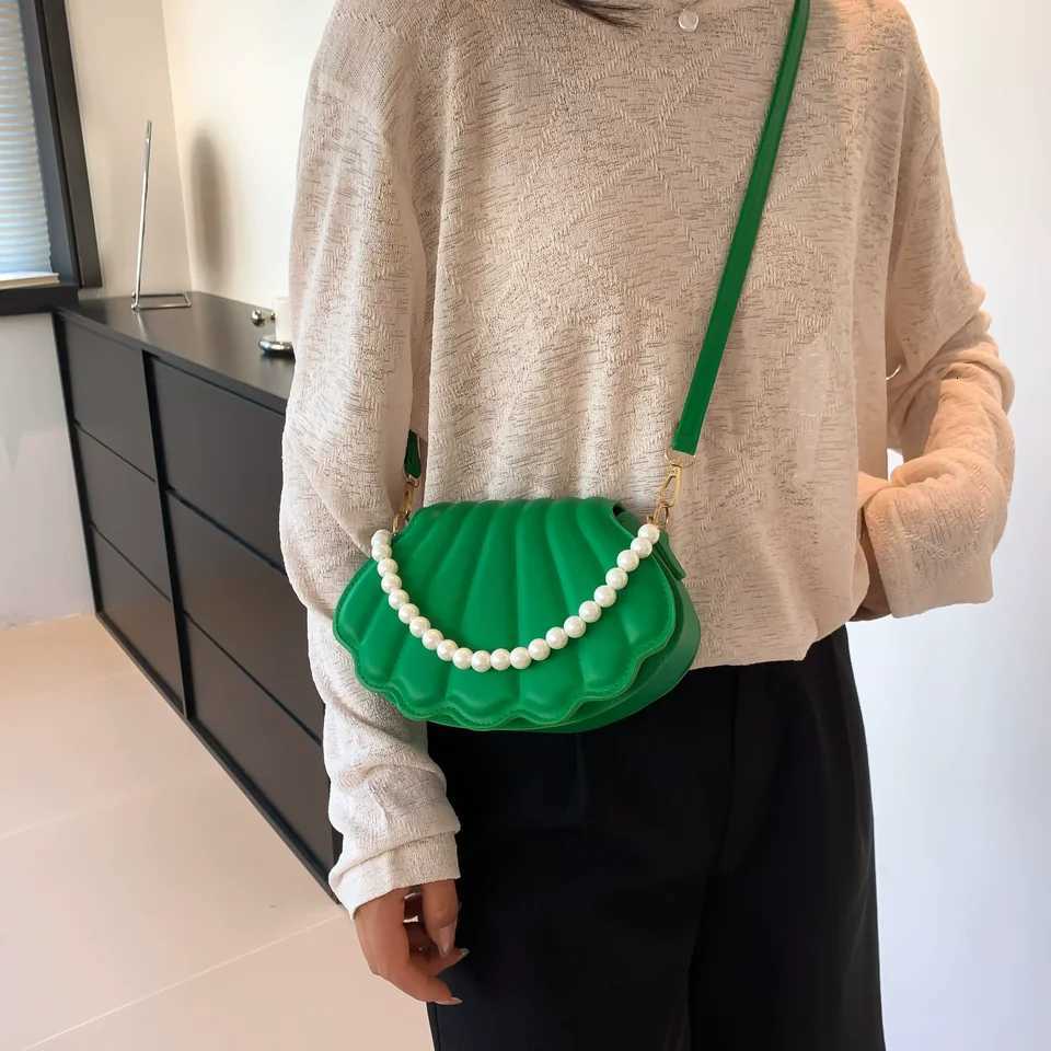 PU Leather Women Small Crossbody Shoulder Bags Shell Pearls Handbags Solid Color Lady Messenger Bag Trendy Cellphone Clutch Bag Y250730