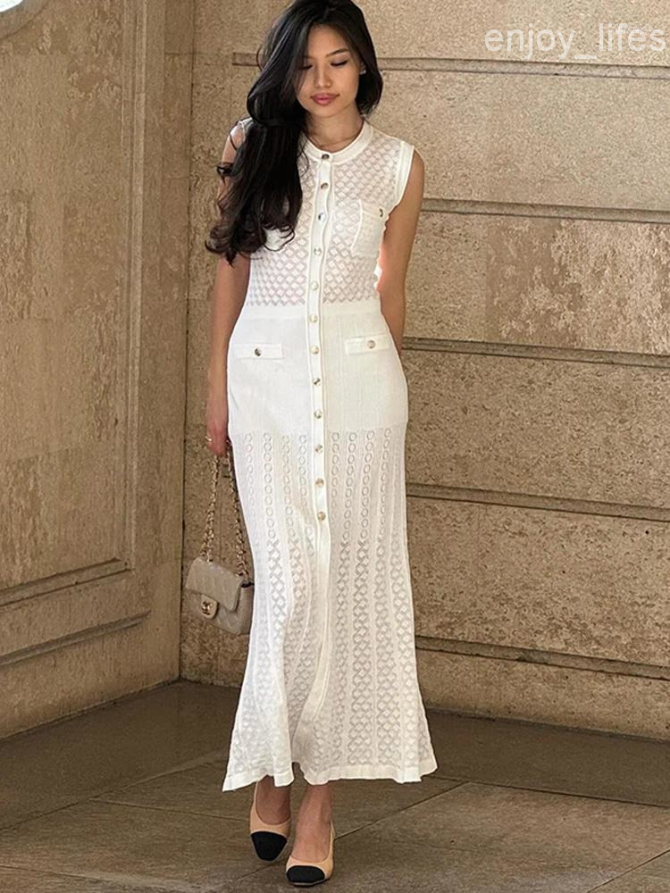 Casual Dresses 2024 Sleeveless Single-breasted Knitted Maxi Dress Women Elegant O-neck Bodycon Long Summer Lady Street Party Robes