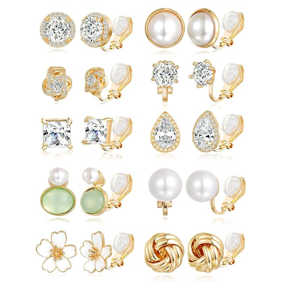 10Pairs Clip on Stud Earrings Non Pierced Teardrop Round Square CZ Pearl Twist Knot Flower Heart Star Rainbow Cat Opal Clip on Earrings for Women Gold