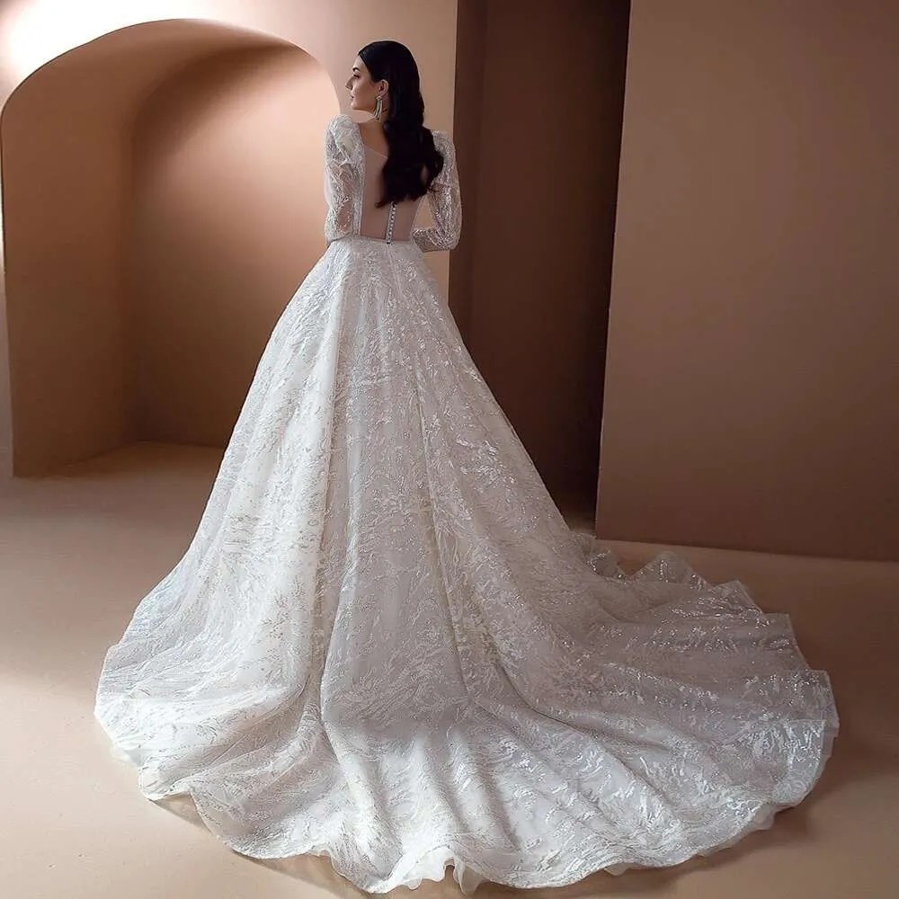 Luxury Ball Gown Bridal Gowns Beaded Long Sleeves Square Collar Wedding Dress Custom Made High Quality Princess Dresses