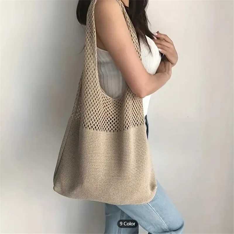 Aesthetic Hollow Out Crochet Bag Large Capacity Shoulder Bag Simple Knitted Tote Bag For Women Y250730