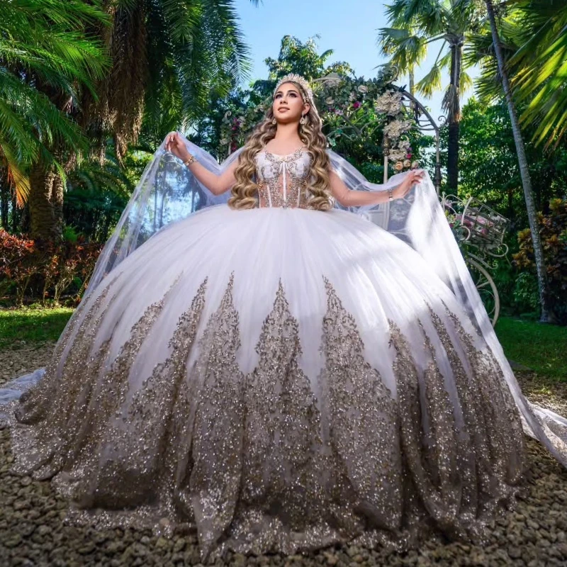 White Quinceanera Dresses Ball Gown Off The Shoulder Applique Lace Beads Tull With Cape Party Birthday Sweet 16 Vestidos 15 De Anos