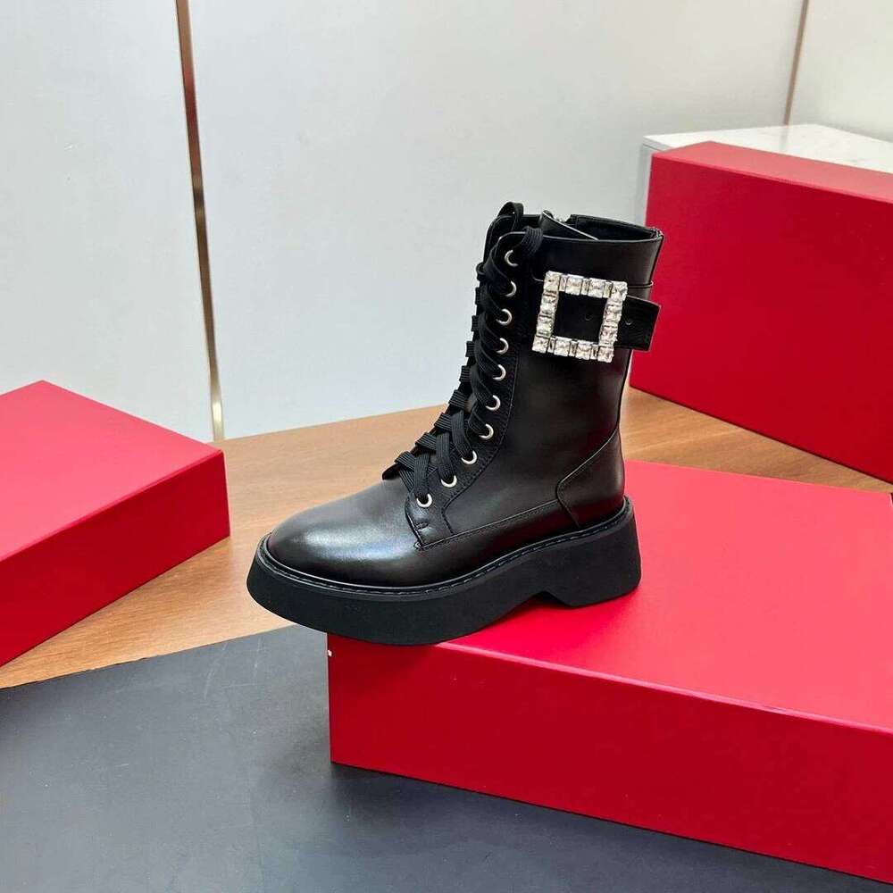 Women Genuine Leather Med Heels Crystal Buckle Ankle Boots Flat Platform Zipper Designer Shoes Zapatillas De Mujer 523