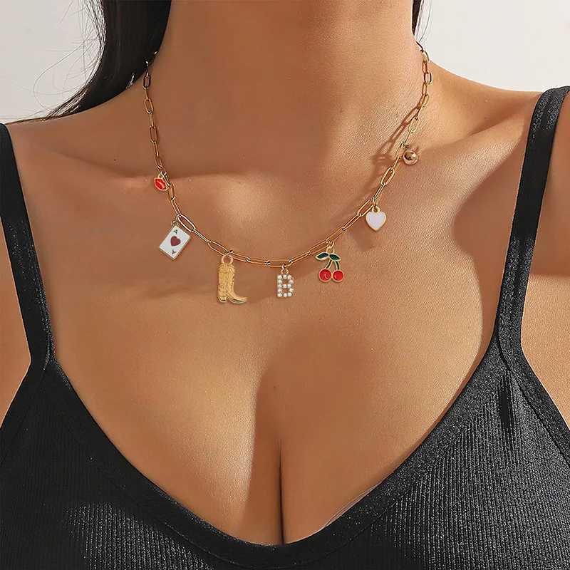 Boho Red Lips Cherry Heart Letter Charm Necklace Gold Plated Boots Crystal Initials Necklaces Cowgirl Beach Jewelry Z250731 Z250910