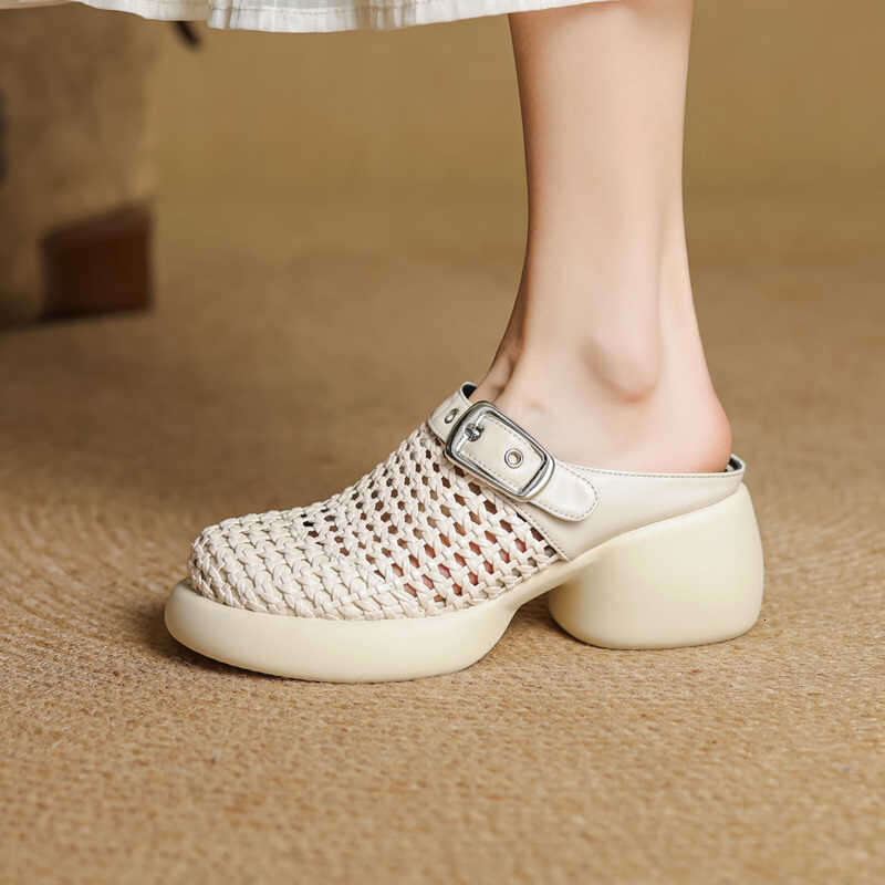 Genuine Leather Closed-Toe Half Slippers Woven Women's Casual Outdoor 2025 Summer New Fashion Sandals Platform Thick Sole Mesh Shoes