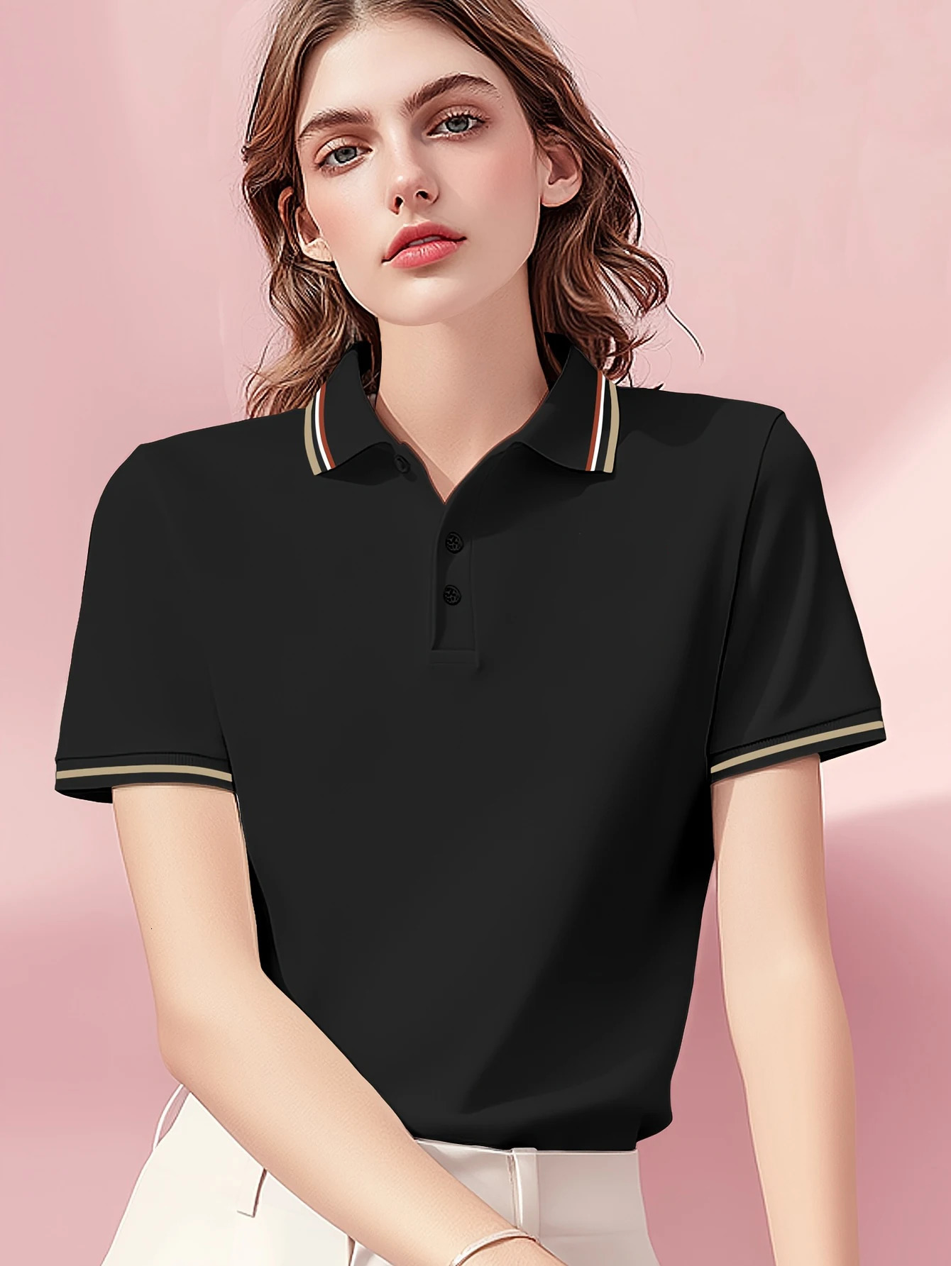 Solid Color Women Stripe Polo Shirts Fashion Culture TShirts Summer Hip Hop Sportswear Collar Casual Woman Short Sleeve y250729