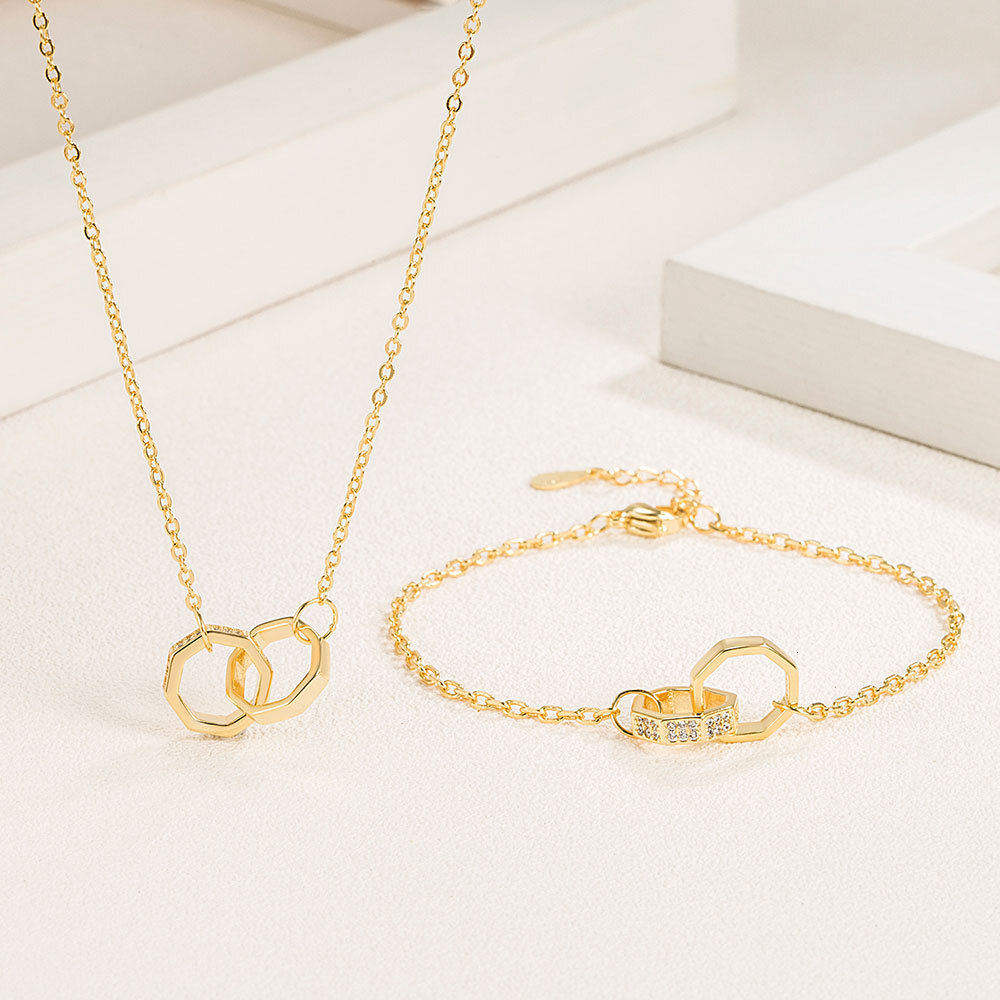 Romantic Designer Bracelet Fashion Geometric Double Circle Ring Buckle Set Women's Fashion Row Diamond Circle Bracelet Octagonal Zircon Madam Pen