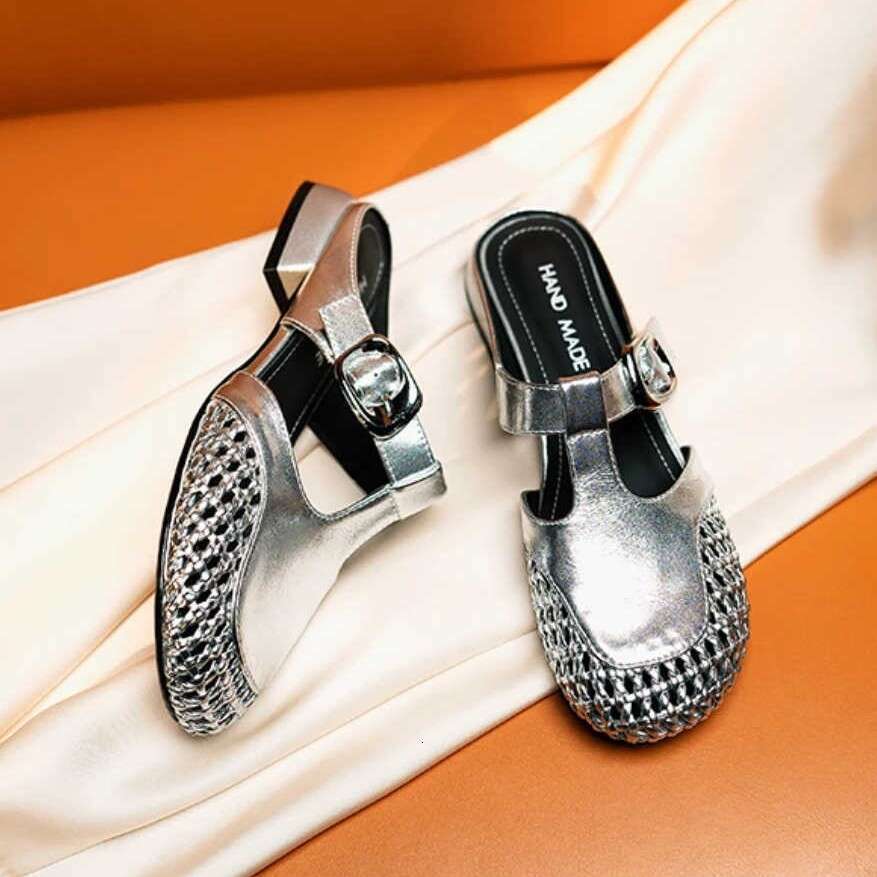2025 New Genuine Leather Handmade Casual Versatile Fashion Hollow Mesh Flat T-Strap Closed-Toe Sandals for Women