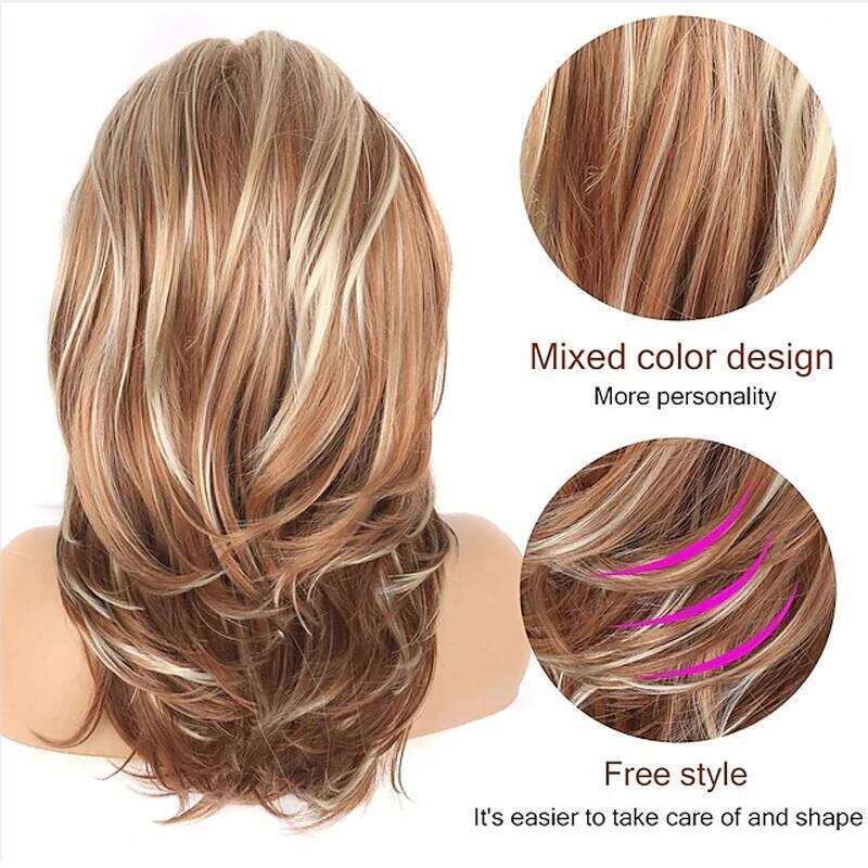 HAIRJOY Synthetic Hair Long Blonde Layered Wigs for Women Wavy with Highlight Heat Resistant Fiber