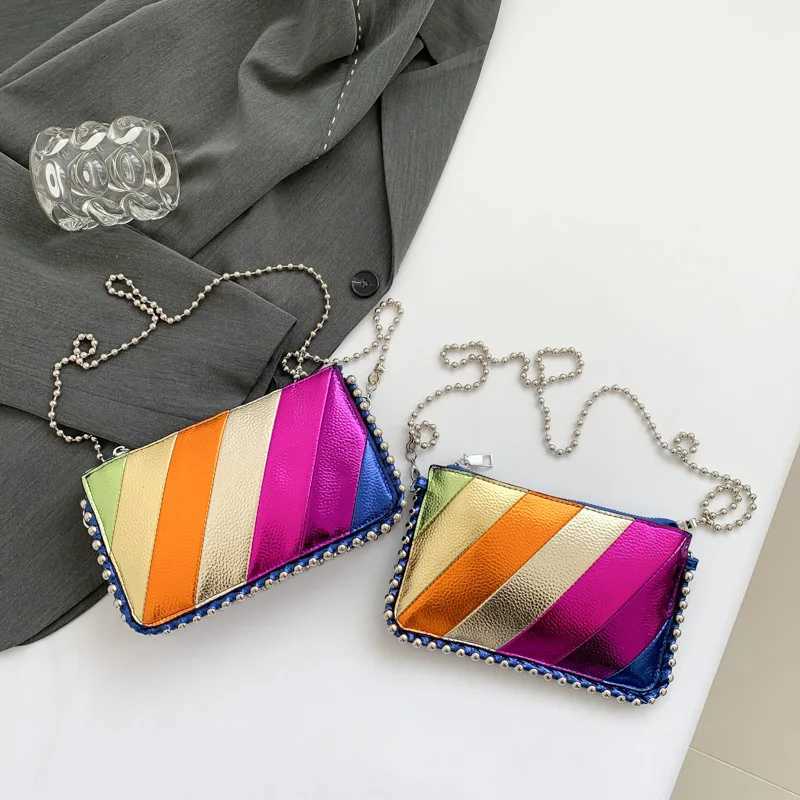 Womens New Splicing Rainbow Striped Small Square Bag Bead Chain Shoulder Bag Fashionable Messenger Bag Handbags Y250730