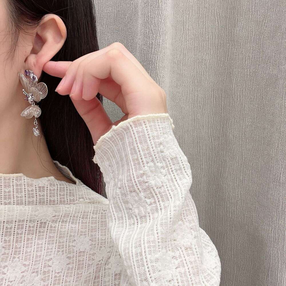 TikTok Color Matching Fairy Hollow Butterfly Zircon Pendant Decoration 2025 Spring New Earrings 0ee