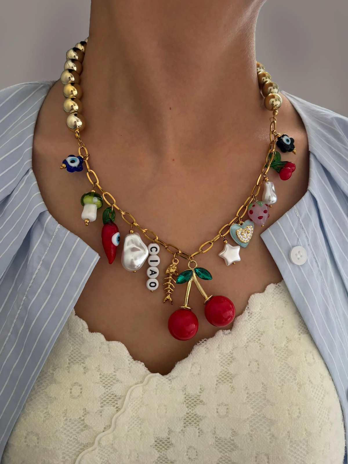 GHIDBK Statement Creative Stainless Steel Colored Enamel Glass Pearl Charm Pendant Necklace for Women CCB Metal Beads 250729