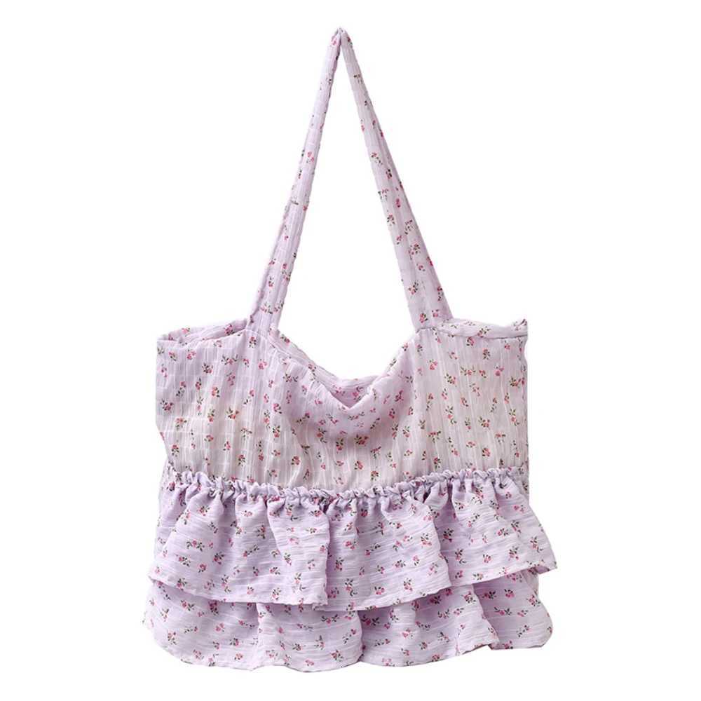 Women Large Capacity Tote Bag Korean Ins Floral Print Ruffles Soft One Shoulder Bags Daily Working Commute Underarm Packs Y250730