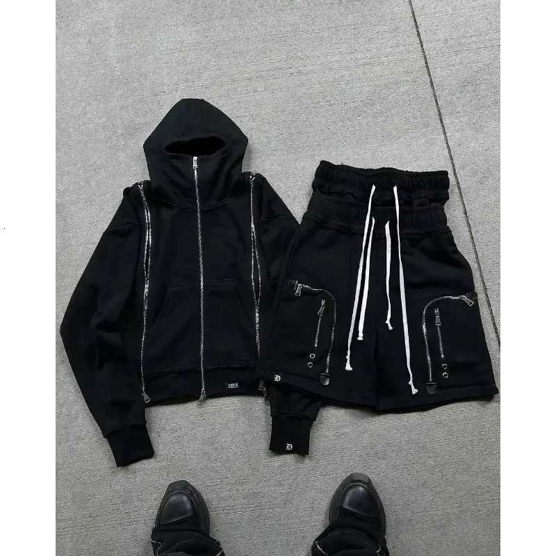 Gray Casual Zipper Hooded Sweatshirt Trousers Zipper Pocket Suit American Hip Hop Fashion Trend Mens Sportswear XJ250731