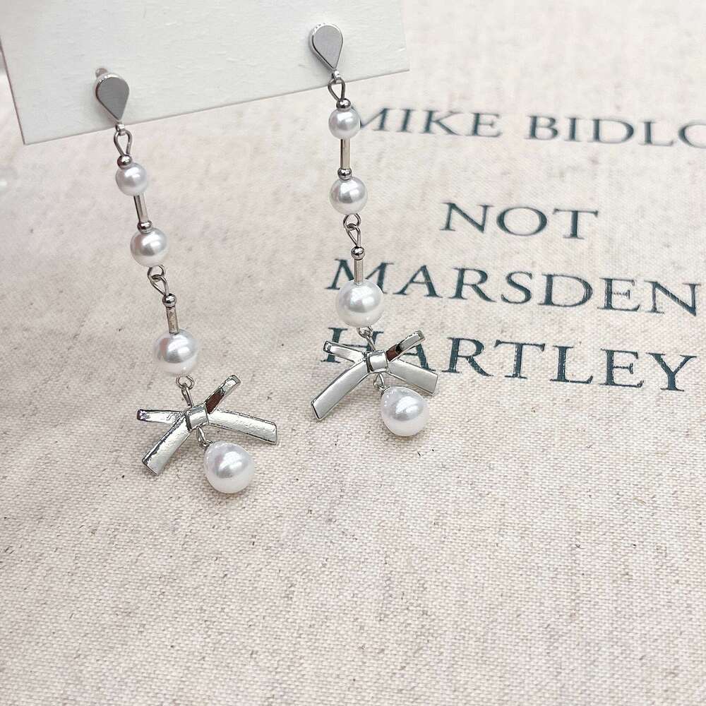 Simple Elegant Exquisite High-end Pearl Long Style Light Niche Bow Sweet Earrings 590