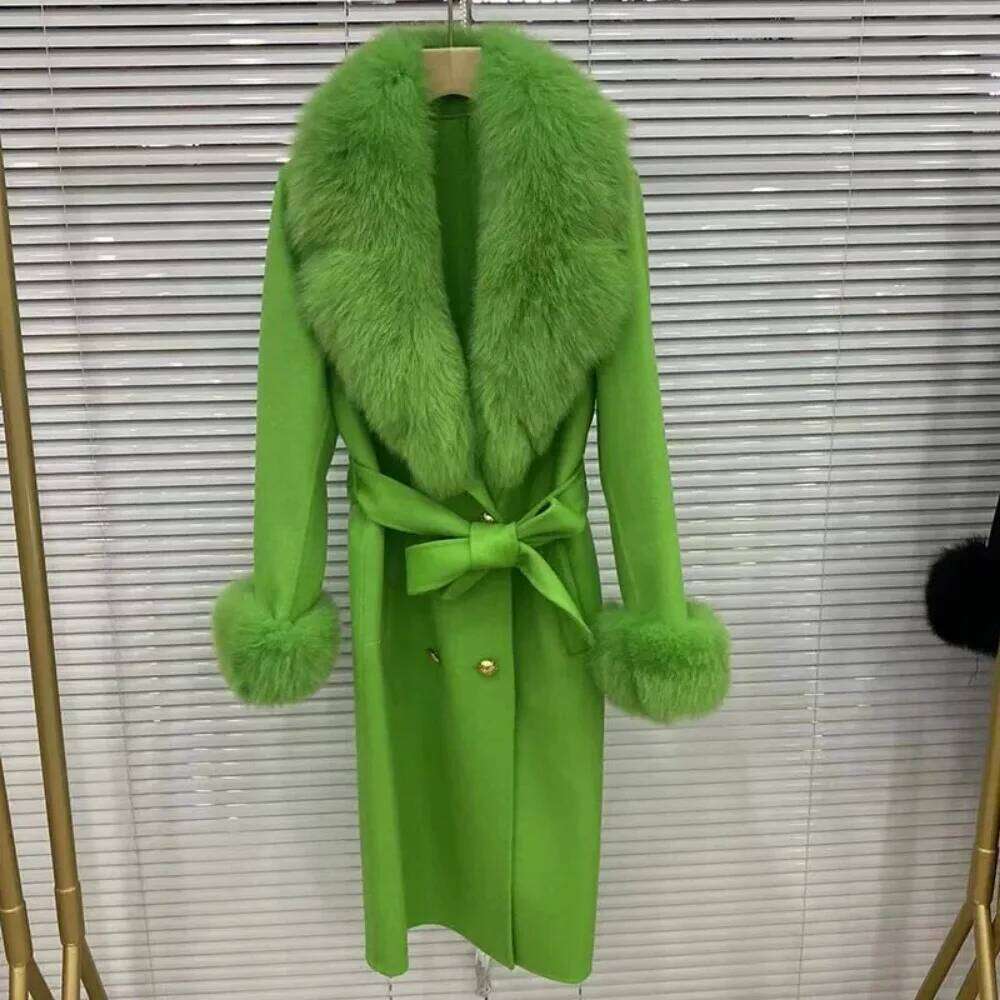 Designer Clothing Women Wool Cashmere Blended Coat 2024 Double Breasted Belt Outerwear Cuff New Long Real Fox Fur Collar Fashion Winter Jacket Fashion