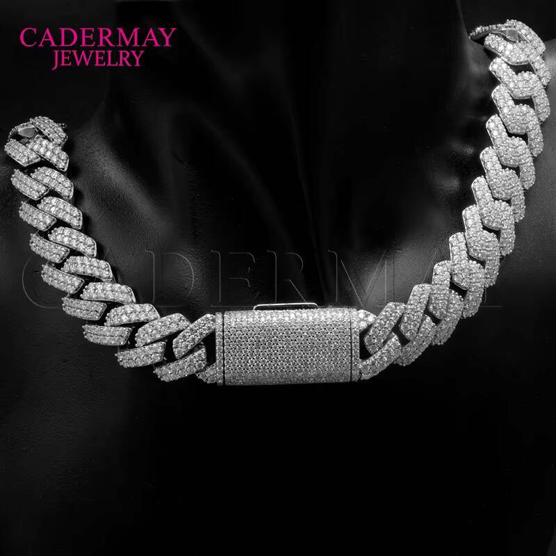 Cadermay Iced Out Hip Hop Cuban Bracelet 14mm 2rows VVS Moissanite 925 Silver 14k Gold Plated Square Cuban Chain With Long Clasp