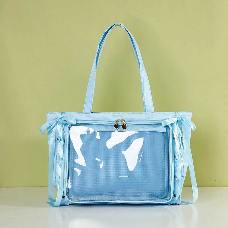 Japanese Large Capacity Satin Ribbon Ita Bag Sweet Anime Transparent Tote Bag Lolita Shoulder Bags Clear Pvc Handbags Y250730