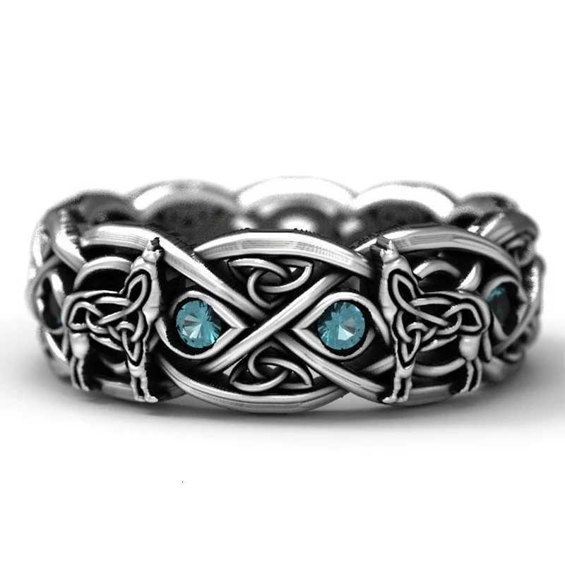 Huitan New Hot Sale Nordic Mythology Giant Wolf Unisex Ring Sky Blue Stone Hip Hop Rock Men/Women Gift Punk Party Couple Rings y250730