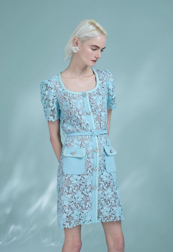 Women Blue Lace French Hollow Slim Skirt Square Neck High Waist Belt Breasted Lace Pocket Dress 6116459