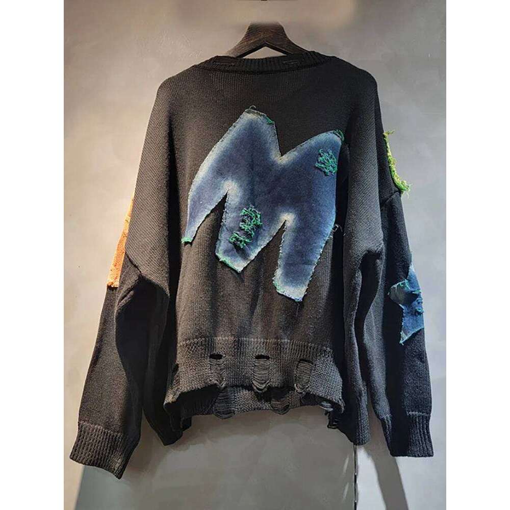 Designer Clothing 2025 DEAT Women's Pullover Patchwork Denim Star Rhinestone Broken Holes O-Neck Loose Long Sleeve Sweater 2025 Summer New Fashio