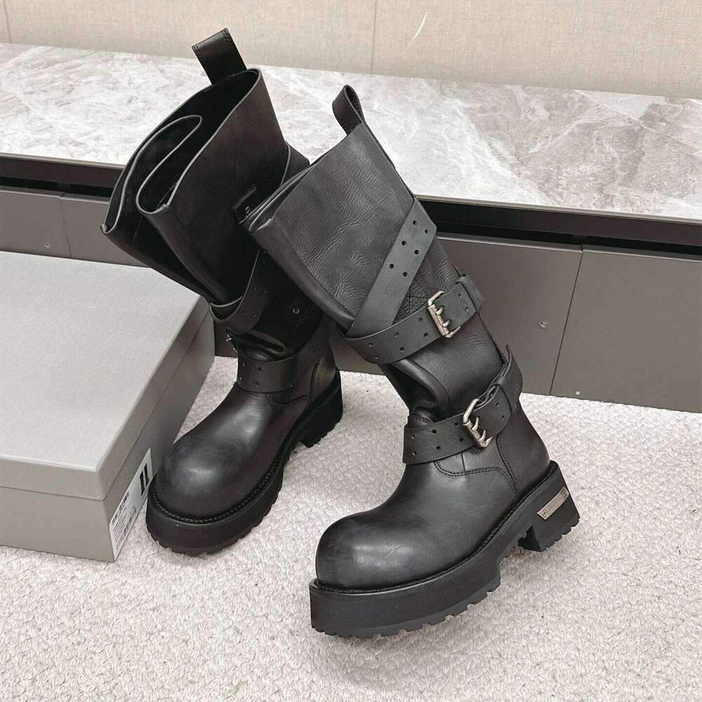 Women Size35-45 Genuine Leather Couple Med Heels Knee High Boots Flat Platform Designer Shoes Zapatillas De Mujer 112
