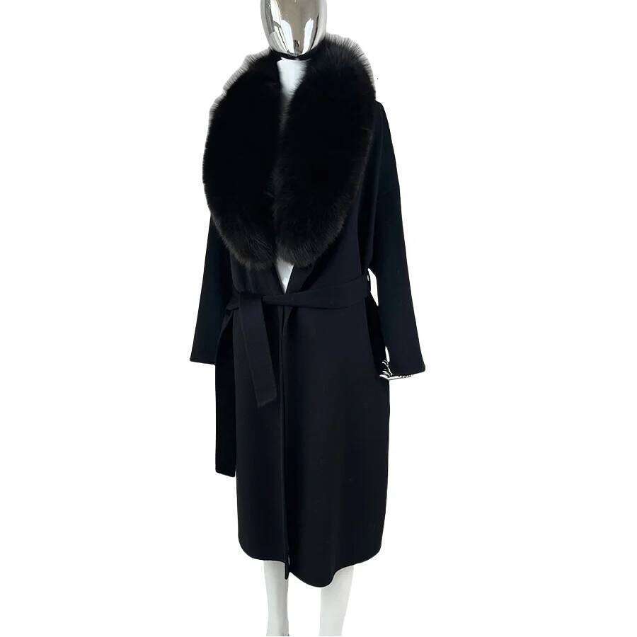 Designer Clothing Real Women Long Cashmere Coat Natural Fox Fur Coats Autumn Winter New Women's Wear Fashion