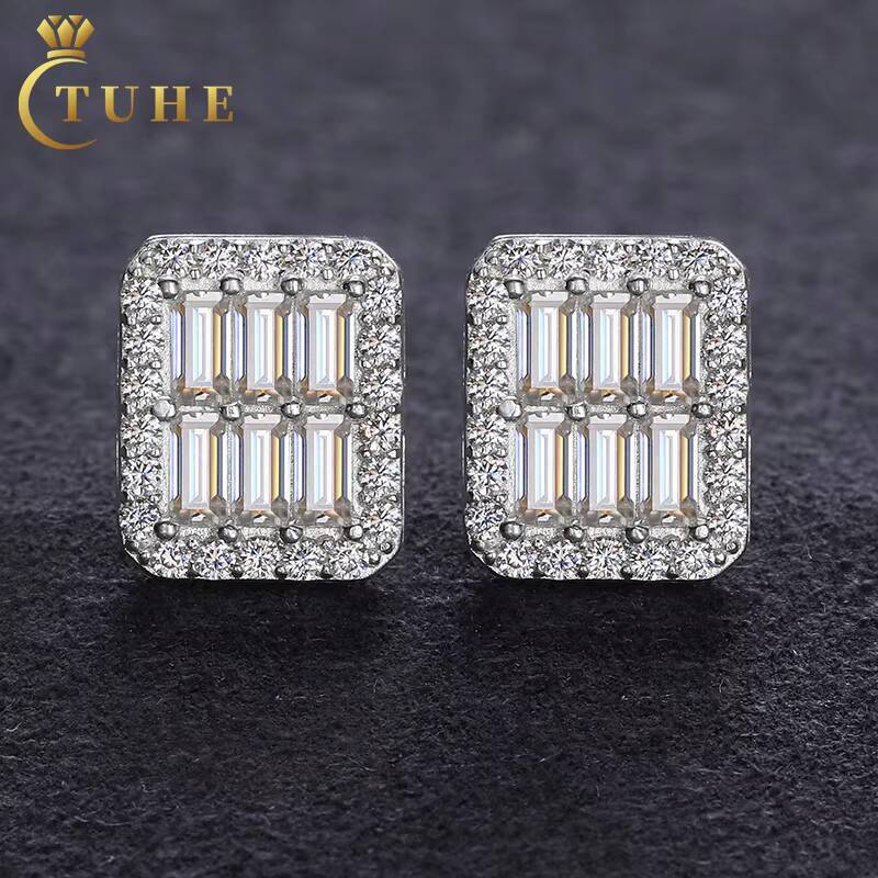 Hot Selling 925 Sterling Silver White Gold Plated Fine Jewelry Emerald Cut Diamond Vvs Baguette Moissanite Stud Earrings
