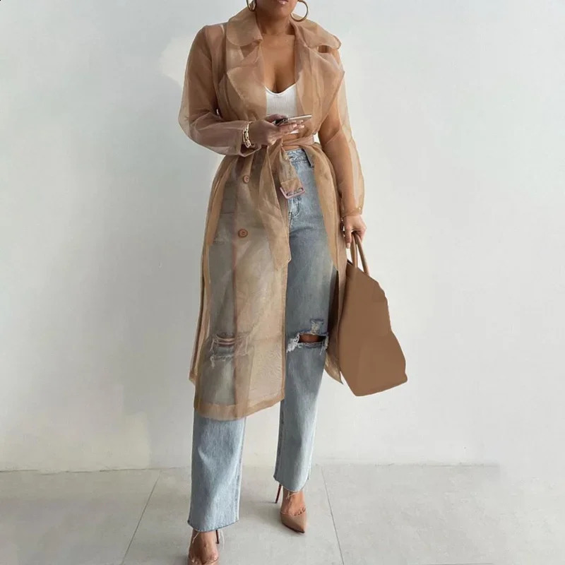 Elegant Shirts Trench Coat for Women Fashion See Through Lace Up Spring Solid Sheer Mesh Long Sleeve Buttoned with Belt 250730